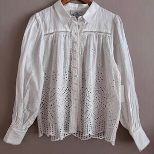 We Are Kindred White Eyelet Button Front Long Sleeve Blouse Size 8 NEW